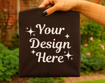 Espresso Comfort Colors 1717 Shirt Mockup, Hand Holding Folded Tee, Unisex Flat Lay Mockup (JPG & PNG)