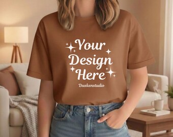 Maqueta de camiseta marrón Bella Canvas / Maqueta de camiseta de estilo de vida BC 3001 / Camiseta de estilo de vida neutra (JPG y PNG)