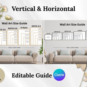 May include: An image showing a wall art size guide with various aspect ratios, including 3:4, 4:5, A-Ratio, and 2:3. The guide includes measurements in inches, with a sofa that is 100 inches wide. Text includes "Vertical & Horizontal" and "Editable Guide Canva."
