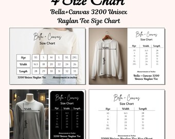 Bella Canvas 3200 Size Chart Bundle, Unisex Raglan Tee Size Guide, Baseball Shirt Measurement Chart, Bella Canvas Mockup