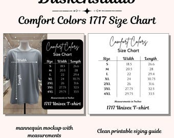 Comfort Colors 1717 Size Chart: Unisex T-Shirt Sizing Guide (JPG Digital Download)