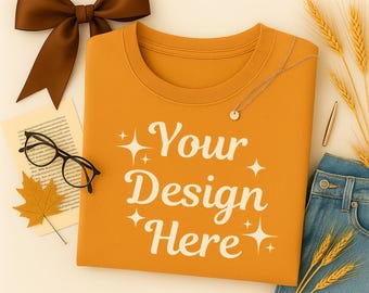 Comfort Colors 1717 Mango T-Shirt Mockup, Neutral Flat Lay Crewneck, Minimal Folded Unisex Sweater(JPG & PNG)