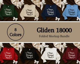 Gildan 18000 Sweatshirt Mockup Bundle, 8 Color Flat Lay Crewneck Set (JPG & PNG)