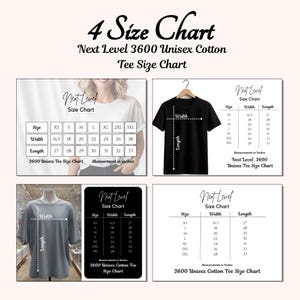 Op de afbeelding: Een afbeelding met een 4 maten tabel voor Next Level 3600 Unisex Cotton T-shirts. De tabel toont afmetingen in inches voor breedte en lengte, van XS tot 3XL. De afbeelding toont ook een zwart en een grijs t-shirt.