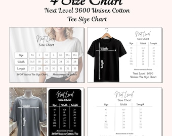 nächstes Level 3600 Größentabelle Bundle, Unisex Baumwoll-T-Shirt Größentabelle, T-Shirt Maßtabelle, nächstes Level 3600 Mockup