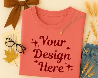 Comfort Colors 1717 Guava T-Shirt Mockup, Neutral Flat Lay Crewneck, Minimal Folded Unisex Sweater(JPG & PNG)