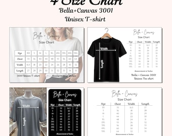 Bella Canvas 3001 Size Chart Bundle, Unisex Tee Size Guide, T Shirt Measurement Chart, Printable Size Chart Pack, Bella Canvas 3001 Mockup