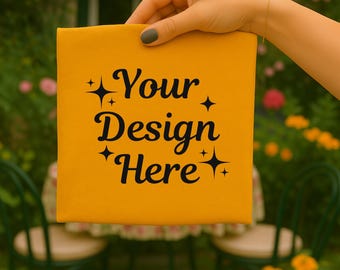 Bella Canvas 3001 Gold T-Shirt Mockup, Hand Holding Folded Tee, Minimal Neutral Unisex Shirt, Digital Download (JPG & PNG)