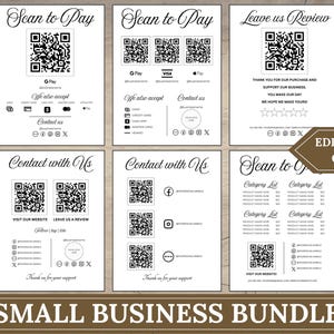 May include: A set of white cards with black text, including "Scan to Pay," QR codes, and social media icons. The cards also feature the text "Small Business Bundle" and "Editable in Canva."