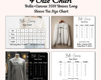 Bella Canvas 3501 Size Chart Bundle, Unisex Long Sleeve Tee Size Guide, Bella Canvas Shirt Measurement Chart, Printable Size Chart Pack