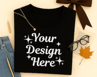 Bella Canvas 3001 Black T-Shirt Mockup, Folded Flat Lay Tee, Minimal Neutral Unisex Shirt, Cozy Trendy Aesthetic Summer Fall (JPG & PNG)