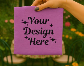 Bella Canvas 3001 Heather Orchid T-Shirt Mockup, Hand Holding Folded Tee, Minimal Neutral Unisex Shirt, Digital Download (JPG & PNG)