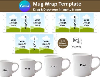 Full Mug Cut Wrap Mockup Template, 10oz 11oz 12oz 15oz Mug Sizes, 8.5x11 Canva Editable, Sublimation Mug Wrap Frame, Drag & Drop Canva Free