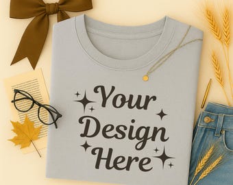 Comfort Colors 1717 Ice Grey T-Shirt Mockup, Neutral Flat Lay Crewneck, Minimal Folded Unisex Sweater(JPG & PNG)