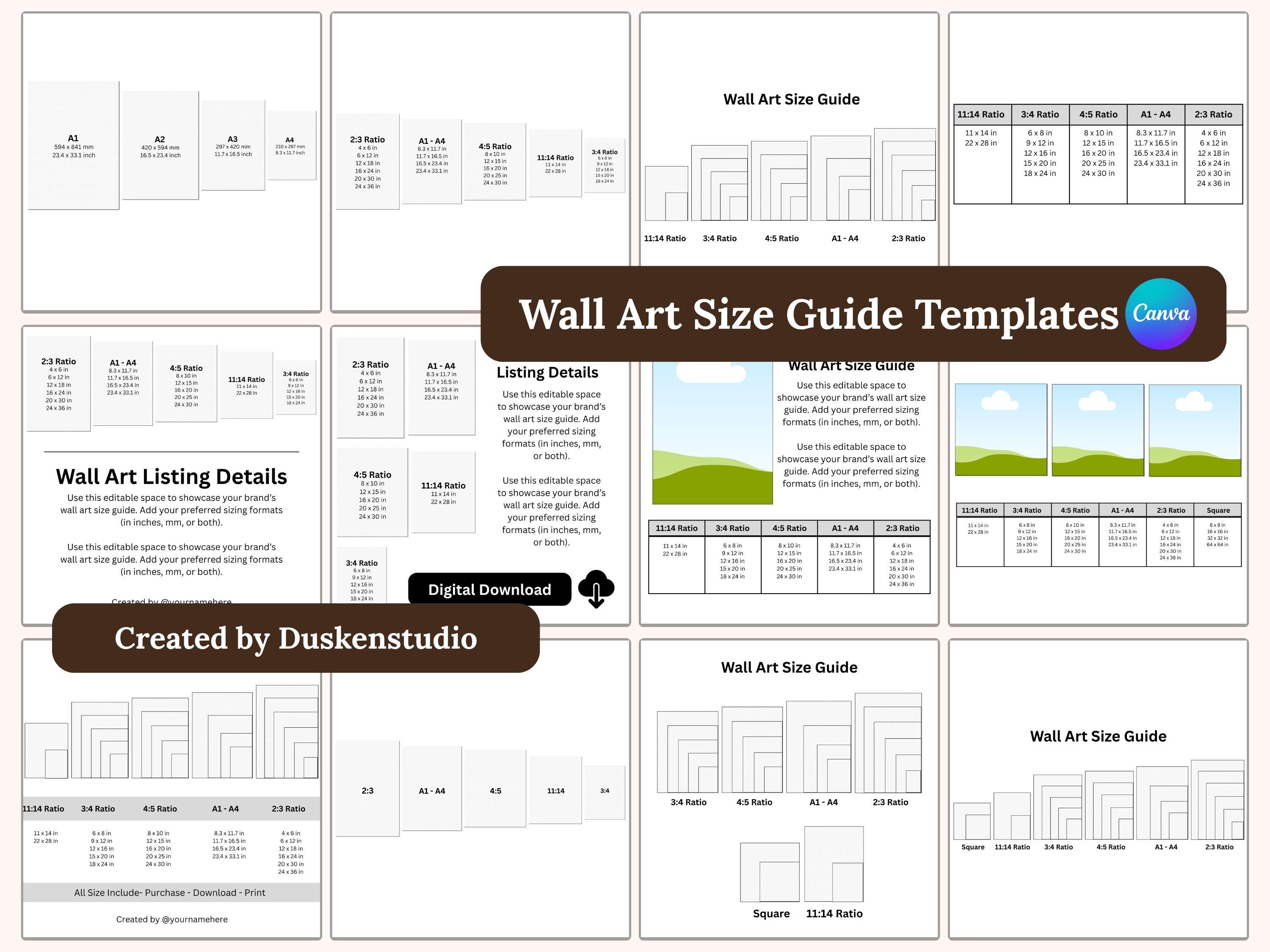Wall Art Size Guide Bundle, Editable Canva Size Chart Templates ...