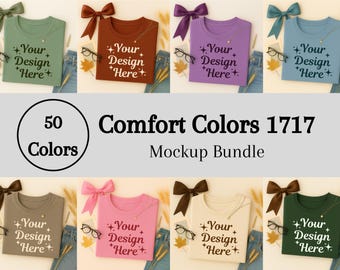 Comfort Colors 1717 T-Shirt Mockup Bundle, 50X Color Flat Lay Tee Mockups, Minimal Folded C1717 Unisex Shirt Set
