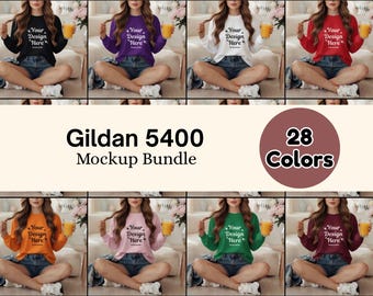 Maqueta de camiseta de manga larga Gildan 5400 / Maqueta de camiseta de mujer sentada estilo de vida / Estética minimalista para el hogar / 28 colores (Descarga digital)