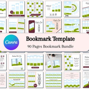 Op de afbeelding: Een verzameling digitale bladwijzer sjablonen met diverse ontwerpen, waaronder landschappen en abstracte graphics. De sjablonen worden weergegeven in een rasterindeling, met het Canva-logo en de tekst "Bookmark Template 90 Pages Bookmark Bundle".