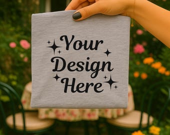 Bella Canvas 3001 Athletic Heather T-Shirt Mockup, Hand Holding Folded Tee, Minimal Neutral Unisex Shirt, Digital Download (JPG & PNG)