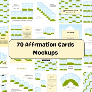 Peut inclure: Maquette de produit numérique avec 70 cartes d'affirmation. La conception comprend diverses mises en page avec des paysages et des ciels. Le texte comprend "Cartes d'affirmation" et "Pack imprimable".