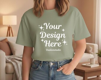 Sage Bella Canvas T-Shirt Mockup | BC 3001 Lifestyle Tee Mockup | Neutral Lifestyle Tee (JPG & PNG)