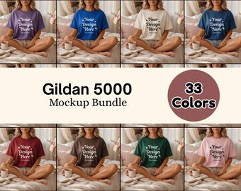 Gildan 5000 Lifestyle T-Shirt Mockup | Woman Sitting Shirt Mockup | Neutral Home Aesthetic | 33 colors(Digital Download)