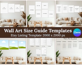 Guía de tallas de arte mural, plantillas editables de tablas de tallas de Canva, guía de proporciones de arte imprimible, maqueta de sala de estar en PDF, comparación de tamaños de impresión