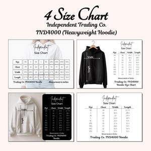 Puede incluir: Tabla de tallas para la sudadera con capucha de peso pesado IND4000 de Independent Trading Co. La tabla muestra las medidas de pecho, ancho y largo en pulgadas para las tallas XS a 5XL. Incluye imágenes de la sudadera en blanco y negro.