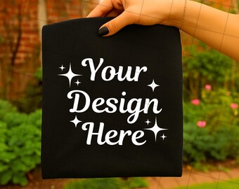 Black Comfort Colors 1717 Shirt Mockup, Hand Holding Folded Tee, Unisex Flat Lay Mockup (JPG & PNG)