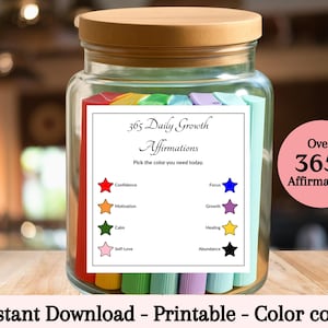 365 Daily Affirmations Jar: Growth Mindset Printable, Self-Care Gift (PDF Download)