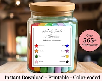 365 Daily Affirmations Jar: Growth Mindset Printable, Self-Care Gift (PDF Download)