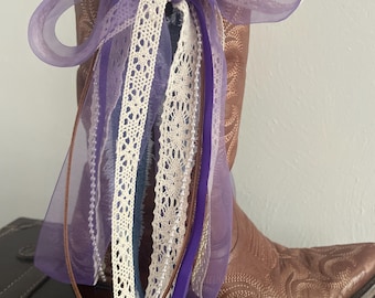 Pretty in Purple Cowgirl Boot Bows Ribbons Denim, lace, pearls Country Accessory Gameday University  Concert Wear Weddings Events Boots