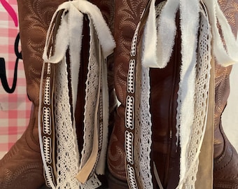Touchdown! Vintage lace, cotton ribbons and football print Boot Bows for game day cowgirl boots accessories