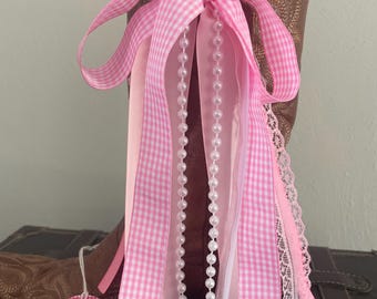 Pretty in Pink Gingham Cowgirl Boot Bows Ribbons lace, pearls Country Accessory Gameday University  Concert Wear Weddings Events Boots