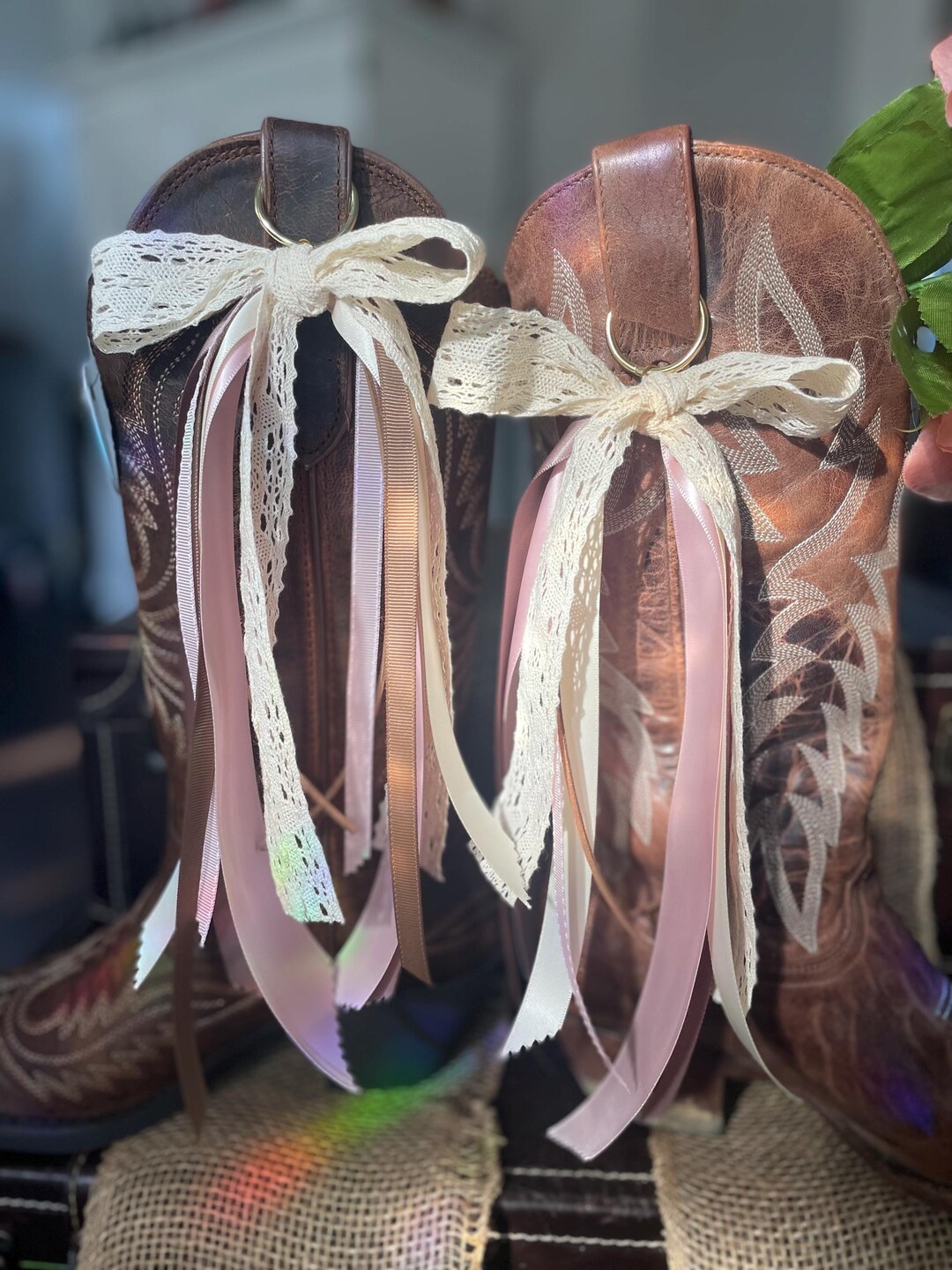 Country Lace & Satin Pink and Brown Boot Bows Ribbons Cowgirl Accessory ...