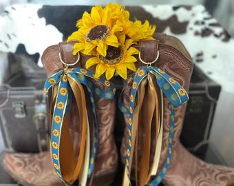 Golden Sunflowers Boot Bows Ribbons Cowgirl Accessory gold brown teal and satin Custom Orders Available Concert Wear Weddings Events
