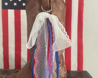 Lazos de encaje patrióticos para botas vaqueras, cintas del 4 de julio, EE. UU., 250 unidades, rojo, blanco, azul, accesorio country, ropa para conciertos, bodas, eventos, botas.