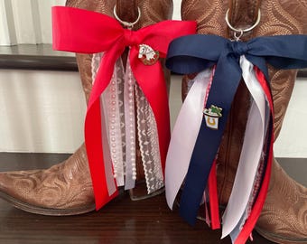 Custom Kentucky Derby Boot Bows! Pick your own ribbon colors and pins.  Designs for Derby Day Race. Cowgirl Boot Accessories