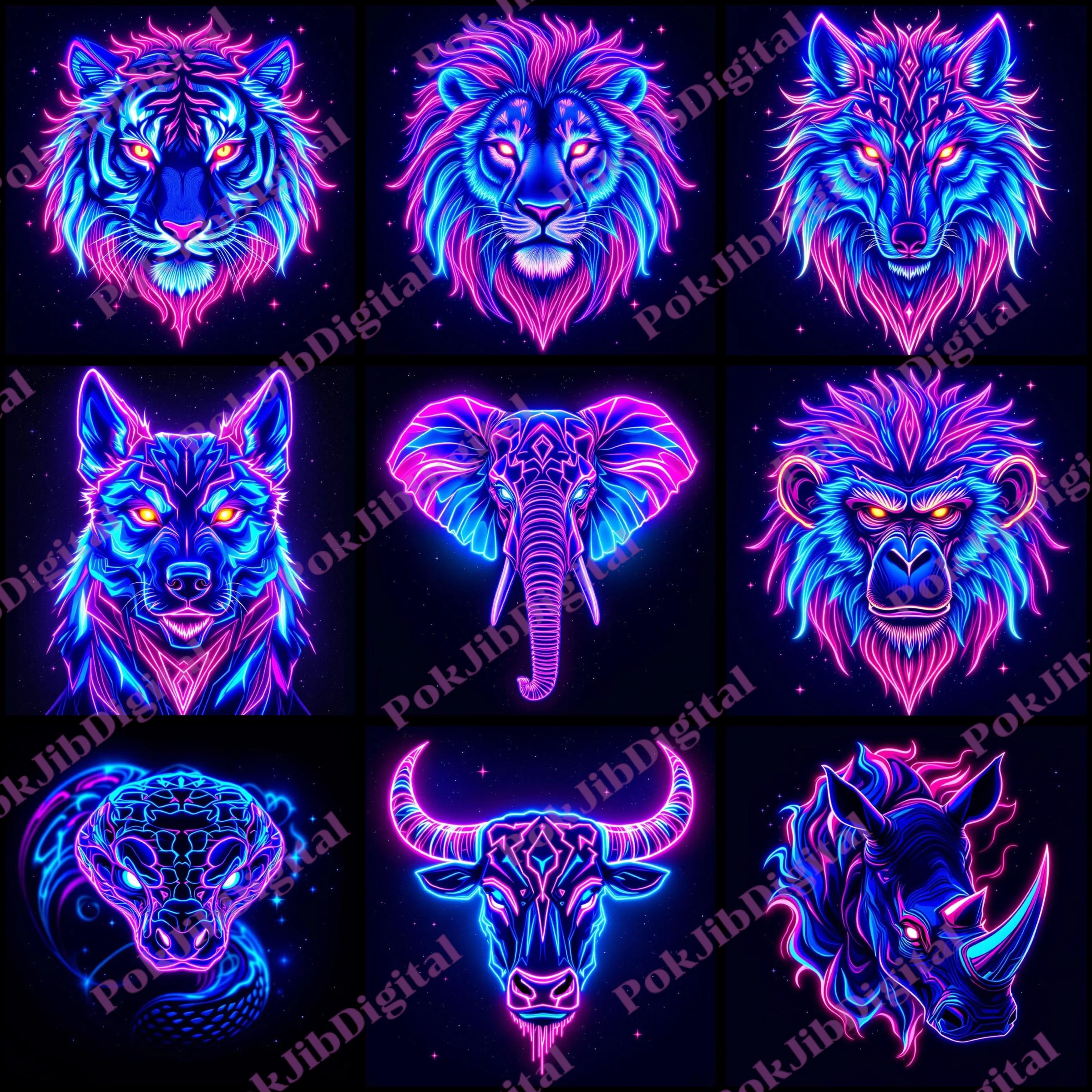 Neon Pink Blue Animals 24 PNG Bundle , ClipArt, For Shirt Printing, Design, Wall Decoration, POD