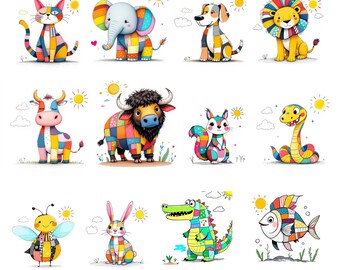12 Cute Sewing 2D Animal Bundle, ClipArt, PNG