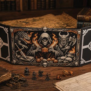 May include: A four-panel dungeon master screen featuring a central illustration of a hooded skeleton figure holding a glowing die, flanked by a dragon and a horned demon. The side panels are black with white ornate cross-shaped border designs.