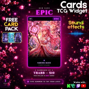Può includere: Una carta collezionabile digitale raffigurante una maga dai capelli rosa che impugna un bastone luminoso, etichettata come Sakura Mage. La carta è circondata da testo tra cui Cards TCG Widget, Free Card Pack, Sound effects e Type summon to try your luck.