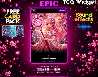 May include: A digital trading card featuring a pink-haired mage holding a glowing staff, labeled Sakura Mage. The card is surrounded by text including Cards TCG Widget, Free Card Pack, Sound effects, and Type summon to try your luck on a dark background.