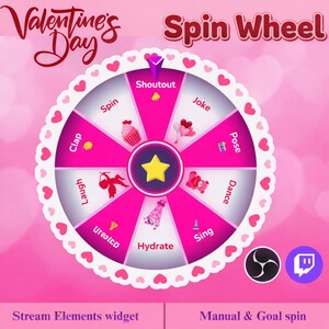 Op de afbeelding: Een roze Valentijnsdag-rad met segmenten met de labels "Shoutout", "Joke", "Pose", "Dance", "Sing", "Hydrate", "Ureaico", "Laugh", "Clap" en "Spin". Het rad heeft een ster in het midden en is versierd met harten.