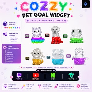 Könnte beinhalten: Werbegrafik für das "Cozzy Pet Goal Widget" mit Cartoon-Haustieren. Es zeigt Anpassungsoptionen, Animationseffekte und Kompatibilität mit Streaming-Plattformen wie Twitch und YouTube. Der Text enthält "Adorable Pets, Engaging Goals, Happy Community!"