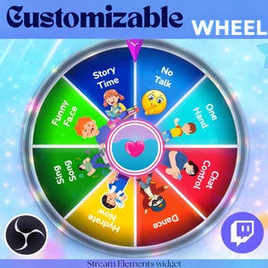 Op de afbeelding: Een kleurrijk wiel met de tekst "Customizable WHEEL" bovenaan. Het wiel is verdeeld in segmenten met illustraties en tekst zoals "Story Time", "Funny Face" en "Dance". Het logo van de Stream Elements widget staat onderaan.