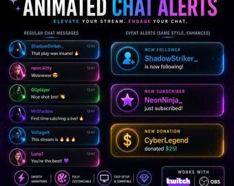 May include: Promotional graphic for animated chat alerts. The design features examples of chat messages and event alerts, with the text "Animated Chat Alerts" in large, colorful letters. The graphic highlights features like smooth animations and easy setup.