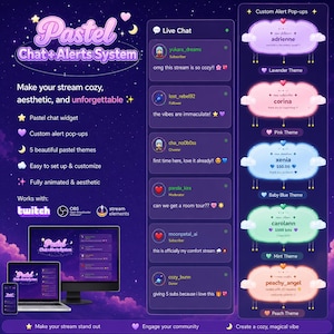 Könnte beinhalten: Digitales Interface für Live-Streaming mit Pastellfarben und dem Text "Pastel Chat + Alerts System". Enthält Chat-Widgets, benutzerdefinierte Alert-Pop-ups und verschiedene Themen. Kompatibel mit Twitch und OBS.