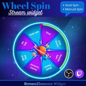 Könnte beinhalten: Ein digitales Glücksrad-Widget mit blauem Neon-Umriss, das Segmente mit Aktionen wie "Push-ups" und "Sing" enthält. Das Rad hat eine Planetengrafik in der Mitte und den Text "Wheel Spin Stream widget".