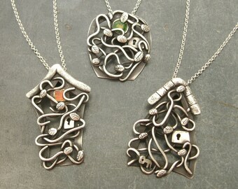 Fairy Garden Jewelry- Fairy Door Necklace- Secret Garden Pendant- Vine Leaf Necklace- Fine Silver Jewelry- Plant Parent- Hidden Key Door